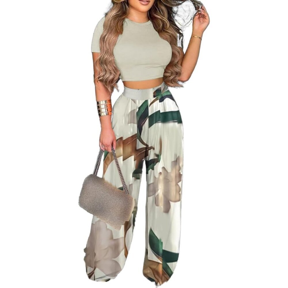 Women 2 Piece Set Polyester Cropped Top High Waist Wide Leg Pants Casual